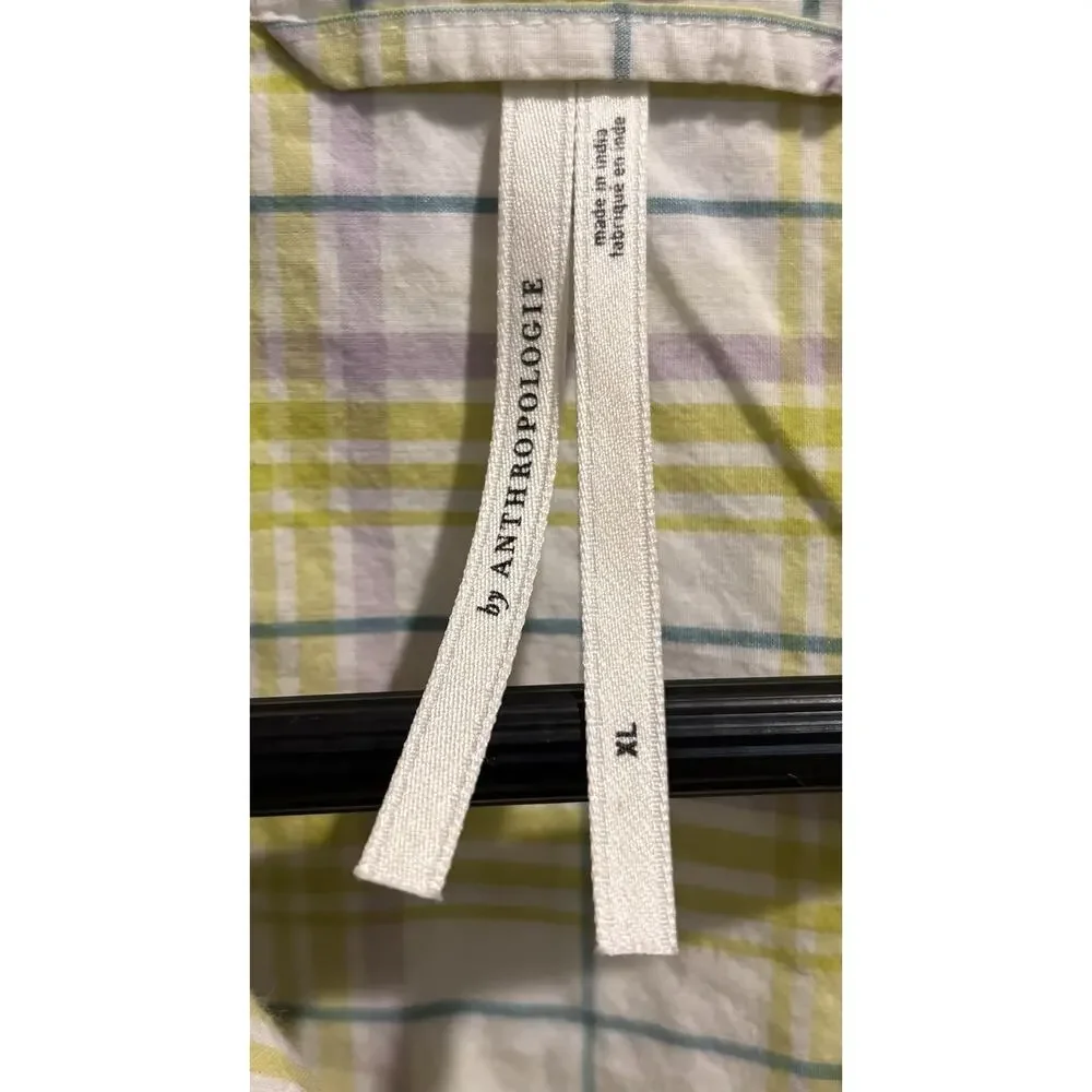 Anthropologie Men’s Short Sleeve Button Down Plaid Shirt Lime Purple Size XL - Picture 4 of 6